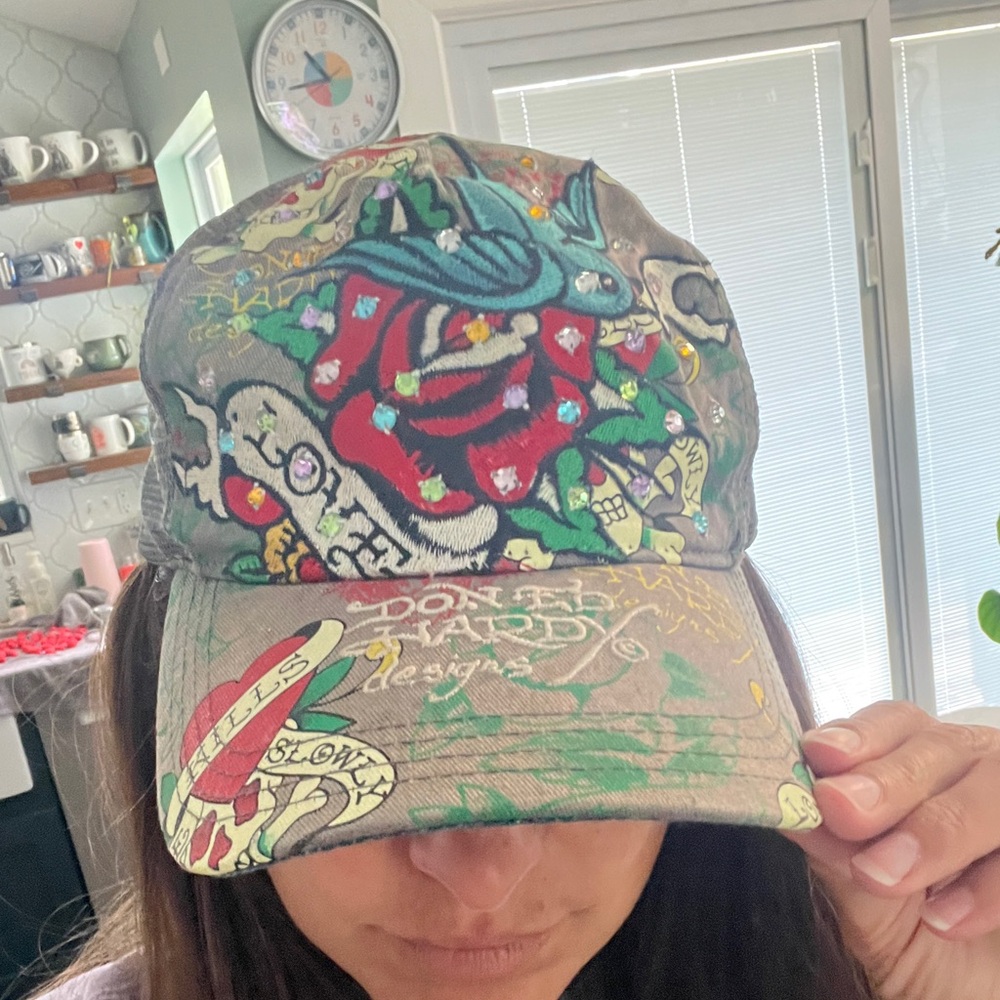 Ed Hardy Christian Audigier Rhinestone Trucker Hat Love Kills Slowly Cap Rare